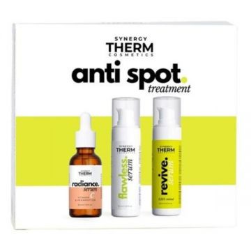 Set pentru Tratarea Petelor Hiperpigmentare - Synergy Therm Cosmetics Anti Spot Treatment: Ser Radiance, 30 ml + Ser de Fata Flawless, 30 ml, + Ser Revive Retinal, 30 ml